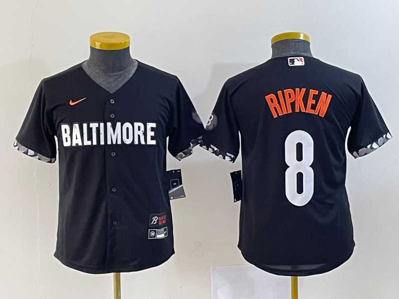 Youth Baltimore Orioles #8 Cal Ripken Jr Black 2023 City Connect Cool Base Stitched Jerseys